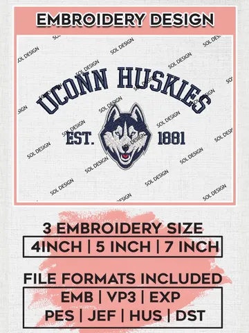 UConn Huskies Est 1881 Logo Embroidery Designs, NCAA UConn Huskies Team Embroidery, NCAA Team Logo, 3 sizes, Machine embroidery Files, Digital Download $6.99