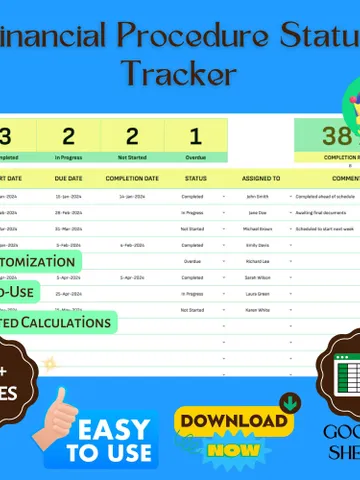 Financial Procedure Status Tracker Template, Editable Google Sheets, Finance Workflow Management Tool $8.26