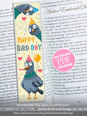 Birthday bookmark cross stitch pattern PDF download Pigeon cross stitch chart, Bookmark pattern digital PDF for beginners, Funny birds #B459 $4.40