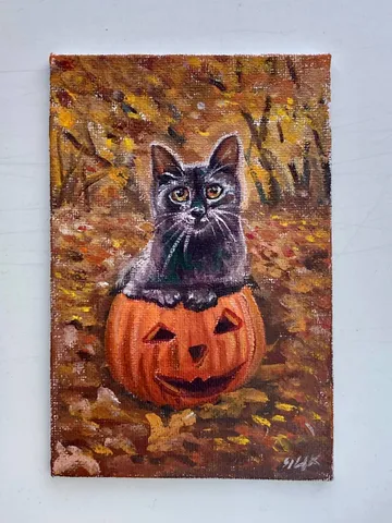 Black Cat Original Painting Oil Painting On Canvas $78.00
