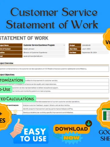 Customer Service Statement of Work Template | SOW Agreement Form & Job Scope Document in Google Sheets $6.90