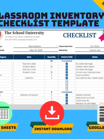 Classroom Inventory Checklist Template, Editable Google Sheets, Digital Download, Easy to Use School Supplies & Equipment Tracker $6.86