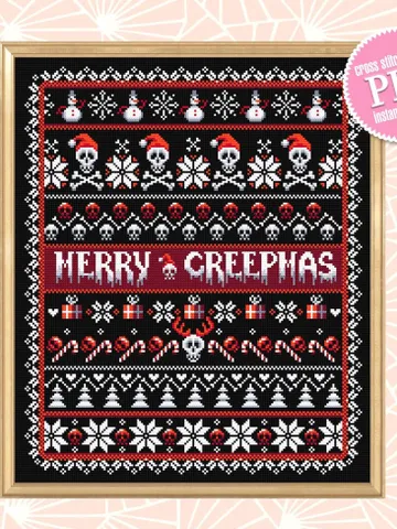 Gothic Christmas cross stitch pattern download PDF, Merry creepmas sampler, Spooky Christmas embroidery PDF, Creepy quaker cross stitch #N76 $4.85