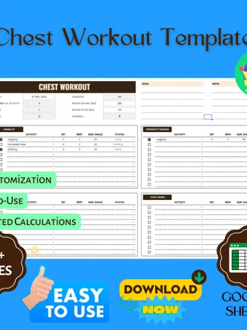 Chest Workout Template, Editable Google Sheets, Digital Download for Strength Training & Fitness Progress Tracking $6.86