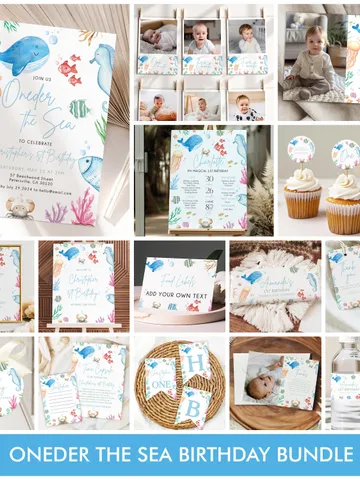 Oneder the Sea Birthday Invitation Bundle Boy or Girl Under the Sea 1st Birthday Invite Blue, 1st Birthday Girl, Sea Party Decorations i107 $40.00