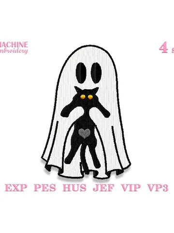 Cute ghost with black cat machine embroidery pattern 4 size Ghost applique embroidery design, Halloween embroidery pes instant download #R30 $4.00
