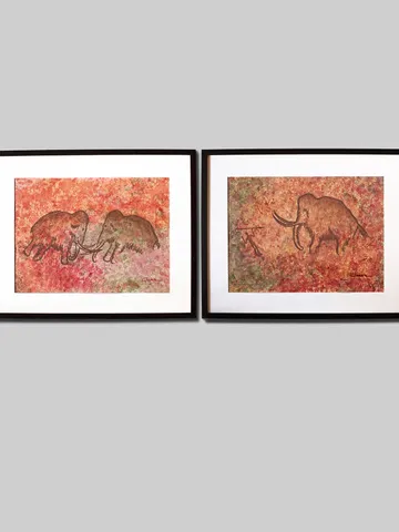 Hunter and mammoth wall art | Original Pastel and Watercolor Artwork Ancient Cave Painting Style 30x40 cm | Hunter Prehistoric art | Handmade Artwork | Mammoths stylization of rock art | Drawings of a prehistoric man | Modular painting $210.00