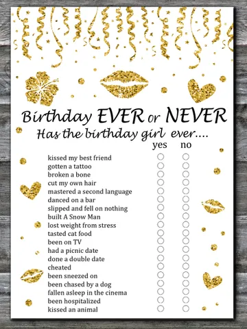 Gold glitter Birthday ever or never game,Adult Birthday party game-fun games for her-Instant download $1.75