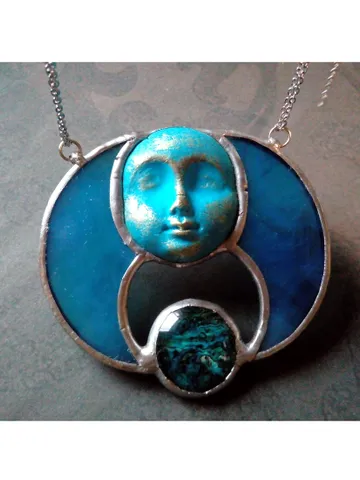 Stained glass blue moon, Moon Goddess, Moon phase necklace, Stainglass crescent, Full moon pendant, Moon face necklace $52.00