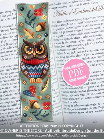 Bird bookmark cross stitch pattern PDF download Scandinavian folk owl cross stitch chart, Autumn bookmark pattern digital PDF #B429 $4.40
