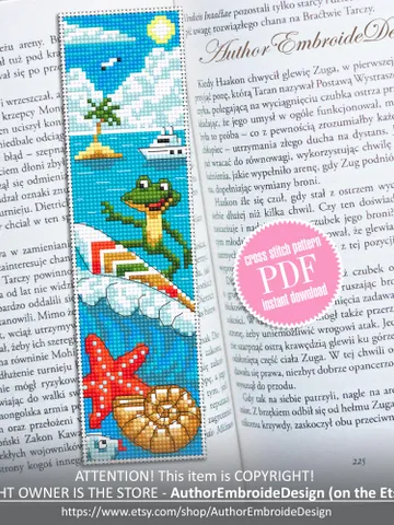 Summer bookmark cross stitch pattern PDF download Funny frog cross stitch chart, Sea bookmark pattern digital PDF, Beach vacation #B447 $4.40