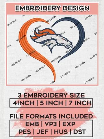 Denver Broncos Heart Embroidery Designs, NFL Broncos Embroidery Designs, NFL Embroidery Designs, NFL Denver Broncos Machine Embroidery Design, Digital Download $6.99