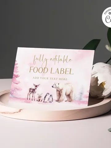 Editable Food Labels, Pink Winter Onederland Food Label Card, Woodland Birthday Food Tags, Folded Food Cards, Tented Food Label i123 $4.50