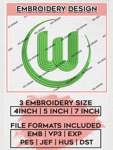 VfL Wolfsburg Embroidery Design, Bundesliga Logo Embroidery, Bundesliga VfL Wolfsburg Machine Embroidery, Machine Embroidery Design $6.99