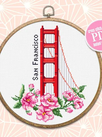 USA cross stitch pattern download PDF Golden gate bridge pattern digital PDF Spring flowers cross stitch chart Nature embroidery #E12 $4.20