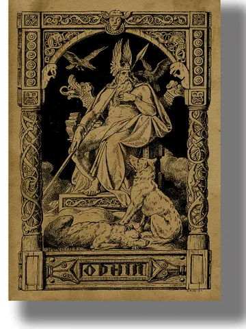 The scandinavian god Odin with the ravens Hugin and Mugin, the wolves Geri and Freki. $21.00