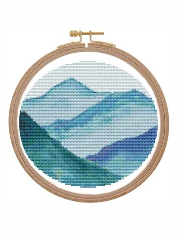 Round watercolor mountains cross stitch pattern Modern nature landscape Xstitch chart full coverage abstract silhouette blue design PDF