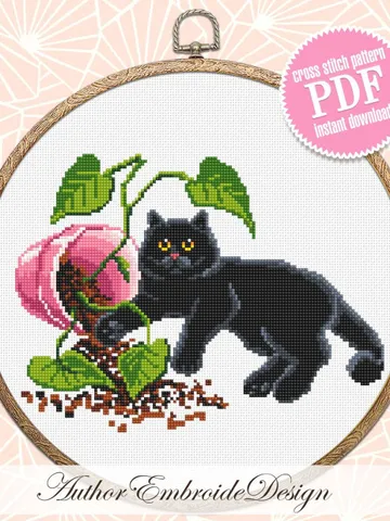 Black cat and plants cross stitch pattern PDF download Funny cat cross stitch chart, House plant pattern digital PDF, Cat lover gift #K46 $4.50
