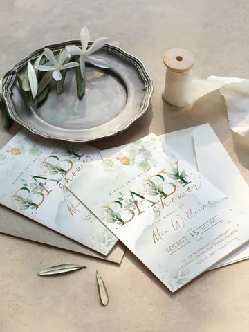 Greenery Baby Shower Invitation Template; Botanical Baby Shower; Green Gold Leaves Baby Shower Invite; Eucalyptus Baby Shower original $11.62