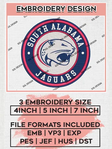 NCAA South Alabama Jaguars Round Logo Embroidery, NCAA South Alabama Logo Embroidery files, NCAA Teams, Machine embroidery designs, Digital Download $6.99