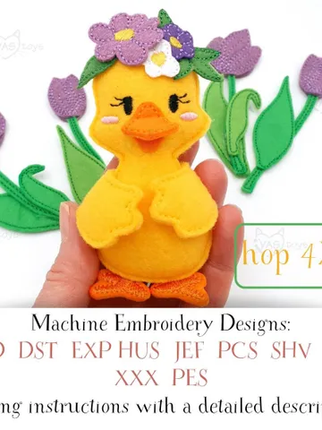 ITH Spring Duckling with Flowers Embroidery Design, Easter Felt Duck Toy Pattern, 4x4 Hoop Digital File Pack $12.00