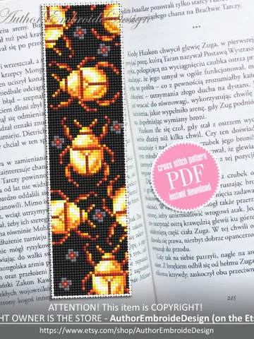 Golden scarab beetle bookmark cross stitch pattern PDF download Bug cross stitch chart, Bookmark pattern digital PDF, Book lover gift #B282 $4.40