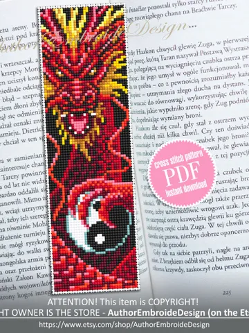 Dragon bookmark cross stitch pattern PDF download Fantasy red dragon cross stitch, Chinese dragon pattern, Yin yang, Chinese New Year #B271 $4.40