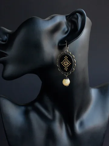 Folk mustard gold Ukrainian earrings with slavic pattern Long leverback dangle agate earrings Leo birthmonth black yellow jewelry namysto