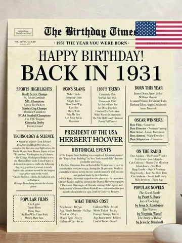 1931 poster, 94th birthday newspaper sign, 1931 birthday poster INSTANT DOWNLOAD, 94 years ago back in 1931, 94th birthday decorations $7.00