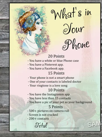 Vintage themed What's in Your Phone Birthday Party Game,Adult Birthday party game-fun games for her-Instant download $1.75