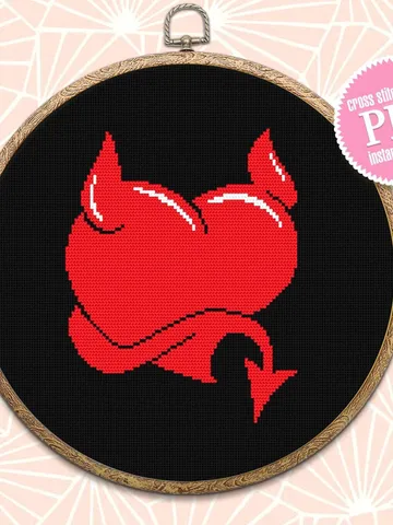Devil heart cross stitch pattern download PDF Funny Valentine stitch, Heart ornament cross stitch chart, Devil horns, Heart design #T11 $3.20