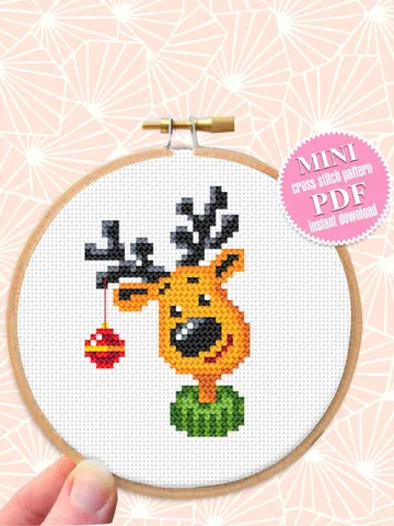 Tiny Christmas cross stitch pattern download PDF, Funny christmas reindeer cross stitch chart, Christmas deer embroidery PDF Home decor #N10 $2.50