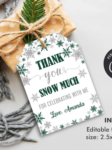 Winter Onederland Thank You Tag, Favor Tags, Snowflakes Gift Tags Winter Onederland Birthday Decorations Green Silver Editable Template $4.00