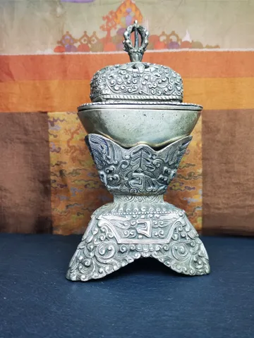 Gandhanra Handmade Tibetan Buddhist Offering Bowl,Kapala Skull Cup Set,Ritual Implement,Made of White Copper,7" Height $79.99