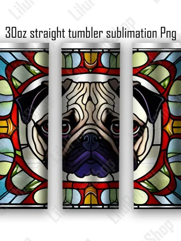 Stained Glass Pug tumbler sublimation 30oz Pug head tumbler design Straight skinny tumbler png Pet lover wrap digital INSTANT DOWNLOAD ONLY $2.98
