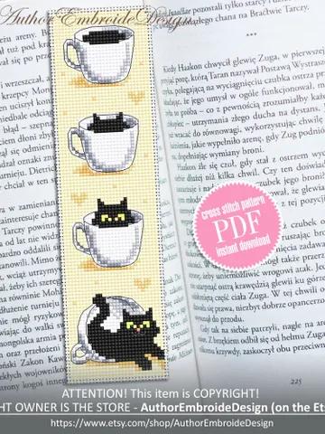 Cat bookmark cross stitch pattern download PDF Black cat cross stitch chart, Funny bookmark digital pattern PDF, Cat cup embroidery #B318 $4.40