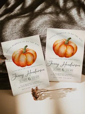 Little Pumpkin is on the way; Editable Autumn Pumpkin Baby Shower Invitation Template Canva; Fall 2022 Autumn Watercolor Pumpkin Invitation $10.98