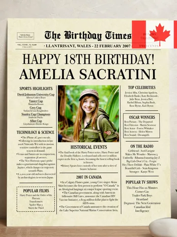 18th Birthday Newspaper Sign Canadian | Personalized 18th Birthday Poster | 18 years ago back in 2007 | 2007 Canadian Highlights $15.00