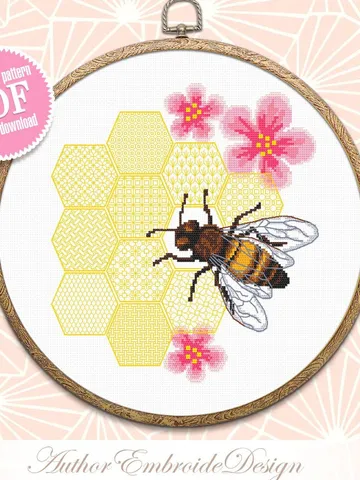 Honey bee cross stitch pattern PDF Honeycomb blackwork patterns download PDF, Honeybee floral blackwork embroidery, Bee hoop art #W14 $4.50