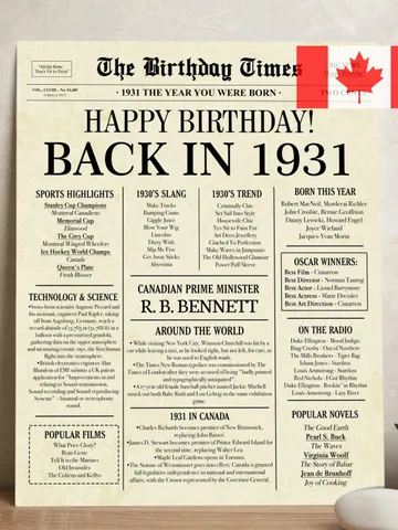 94th Birthday Newspaper Sign CANADIAN, 1931 Birthday Poster, Back in 1931 CANADA, 94th Birthday Decoration, 94th Birthday Gift $7.00