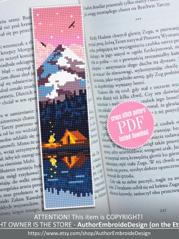 Bookmark camping cross stitch pattern digital PDF Handmade bookmark nature embroidery beginners Instant download Gift for book lover #B16 $4.40