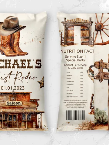 Editable Chips Label First Rodeo Birthday party label; Wild West Cowboy Party; Our Little Cowboy is One Party Birthday ; fr12 $10.45