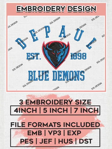 DePaul Blue Demons Est 1898 Logo Embroidery Designs, NCAA DePaul Blue Demons Team Embroidery, NCAA Team Logo, 3 sizes, Machine embroidery Files, Digital Download $6.99