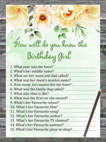 Floral Birthday Game How well do you know the birthday girl,Adult Birthday party game-fun games for her-Instant download $1.75