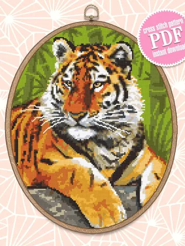 Tiger cross stitch pattern download PDF Wild animal cross stitch chart, Nature hand embroidery PDF Big tabby cat cross stitch Home decor #K5 $4.60