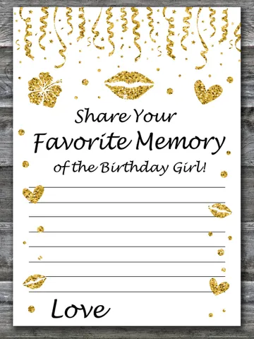 Gold glitter Favorite Memory of the Birthday Girl,Adult Birthday party game-fun games for her-Instant download $1.75