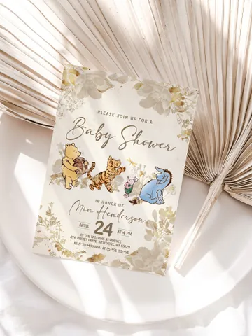 Classic Winnie Pooh Baby Shower Invitation; Pooh Baby Shower Editable Template; Neutral Flowers Baby Shower; Baby Shower trend of 2023 $12.78