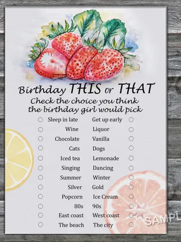 Strawberry Birthday This or that game,Adult Birthday party game-fun games for her-Instant download $1.75
