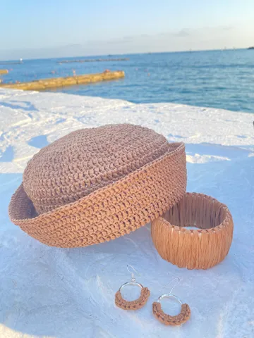 Raffia set: Panama hat, earrings and bracelet $90.00