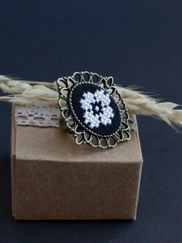 Hand made Ukrainian ring Large oval cameo rings for women Black white cocktail adjustable ring Folk traditional Ukrainian jewelry souvenir
